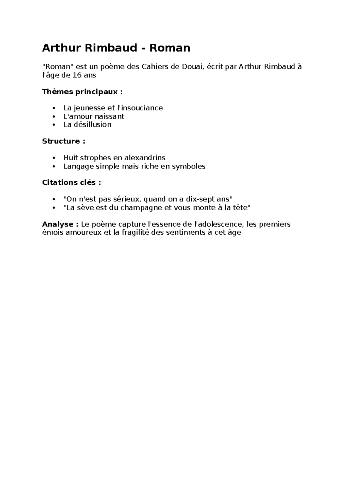 Arthur Rimbaud analyse Roman court - Arthur Rimbaud - Roman 