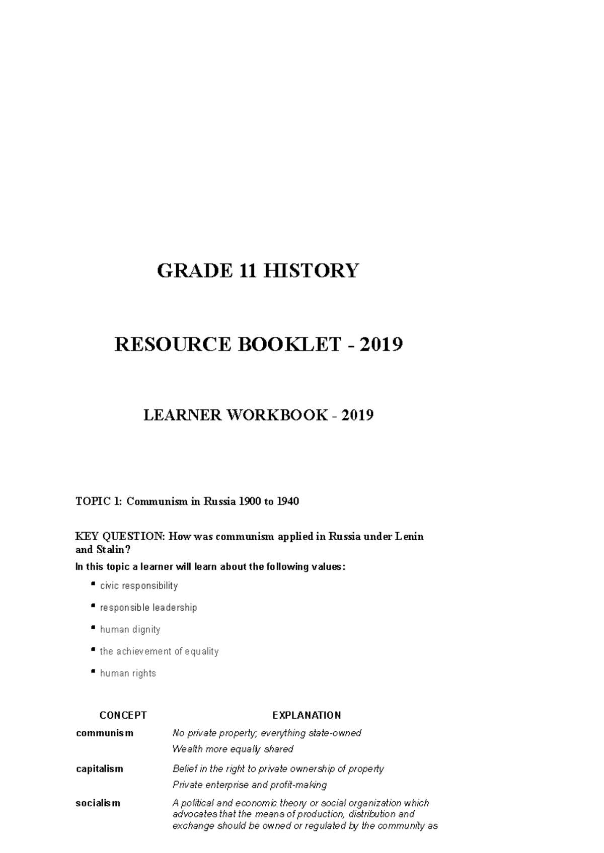 GRADE 11 HISTORY: COMMUNISM IN RUSSIA (1900-1940) LEARNER WORKBOOK ...