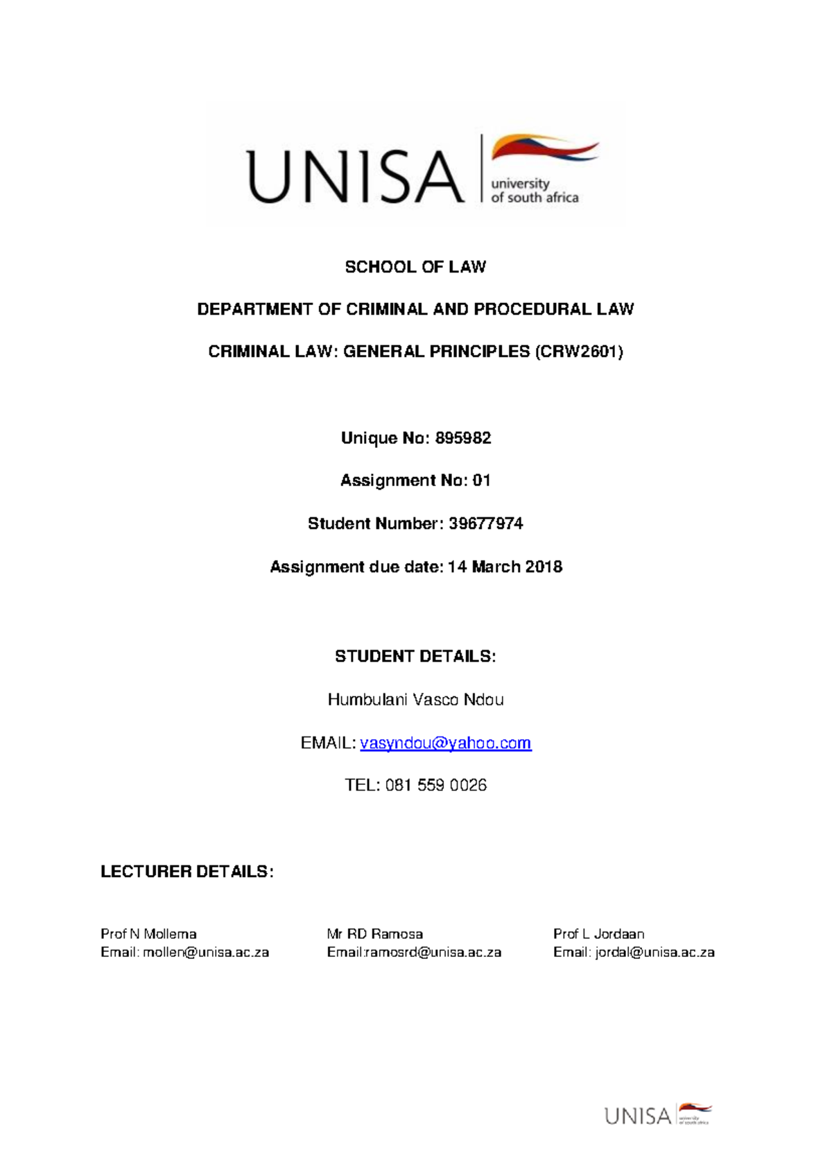 Unisa CRW2601 Assignment 1 - SCHOOL OF LAW DEPARTMENT OF CRIMINAL AND ...