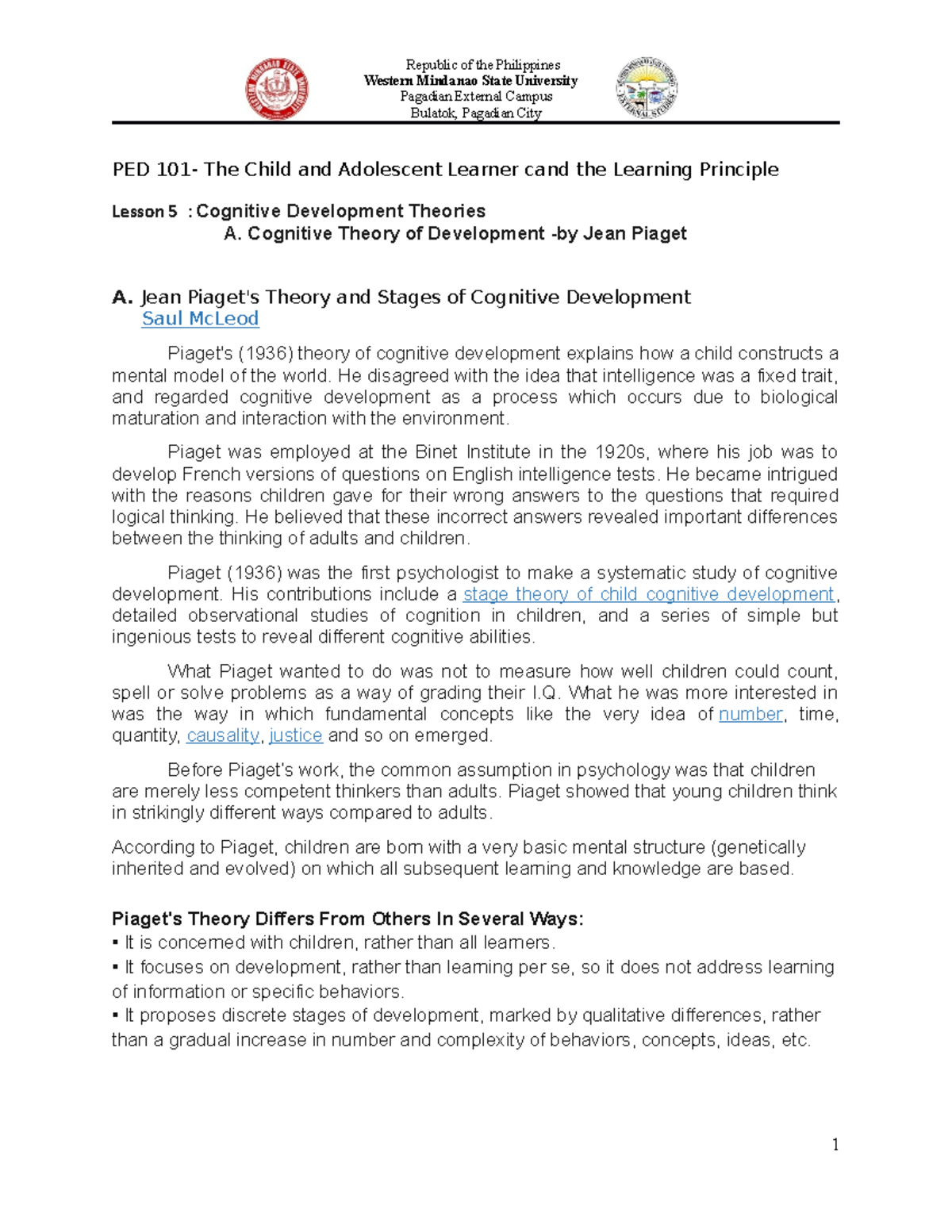 PED 101-Lesson 5: Understanding Piaget's Cognitive Development Theory ...