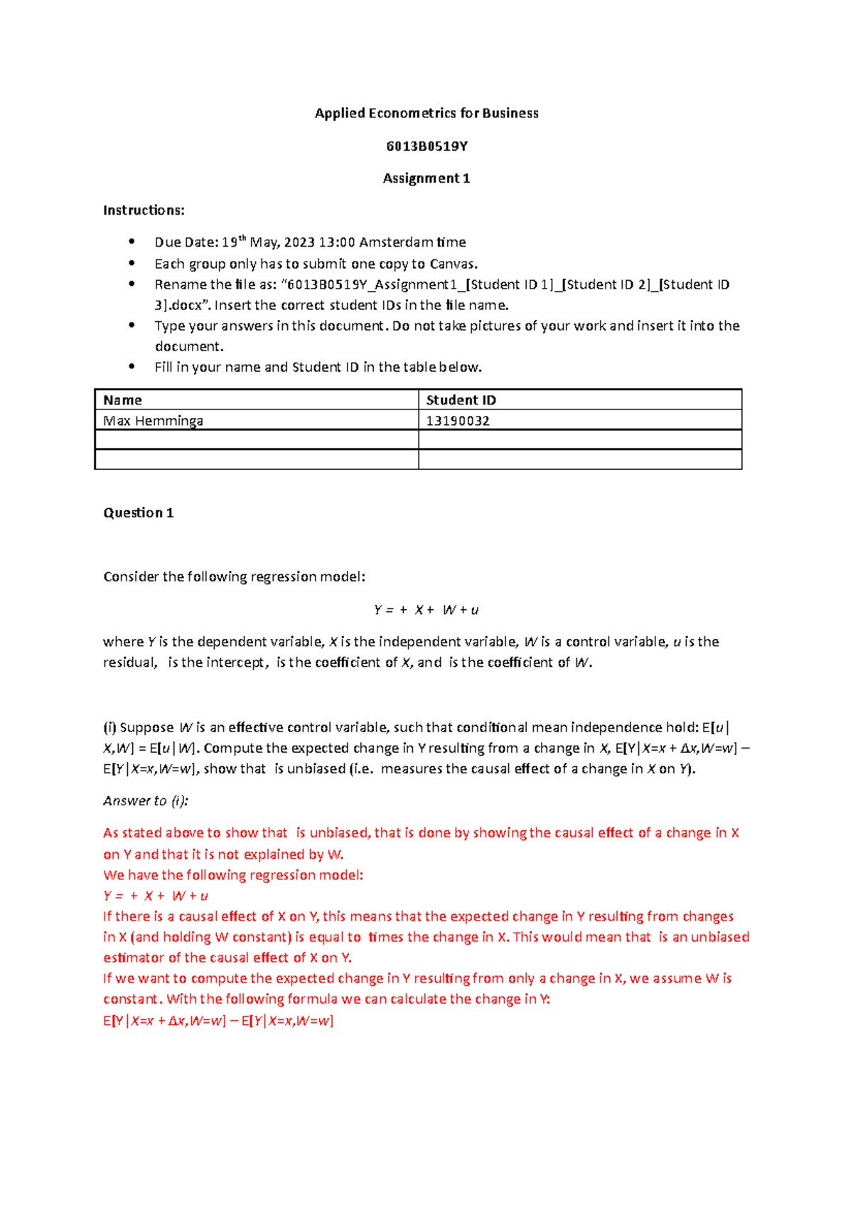 6013B0519Y Assignment 1: Applied Econometrics Questions & Answers ...