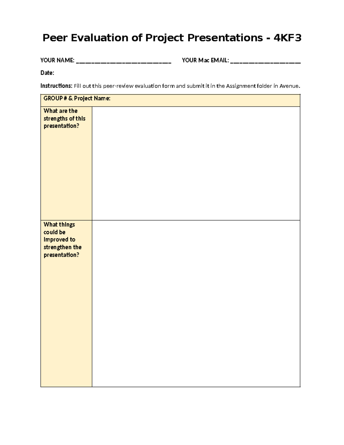 Peer Evaluation Form for Project Presentations 4KF3 - Studocu
