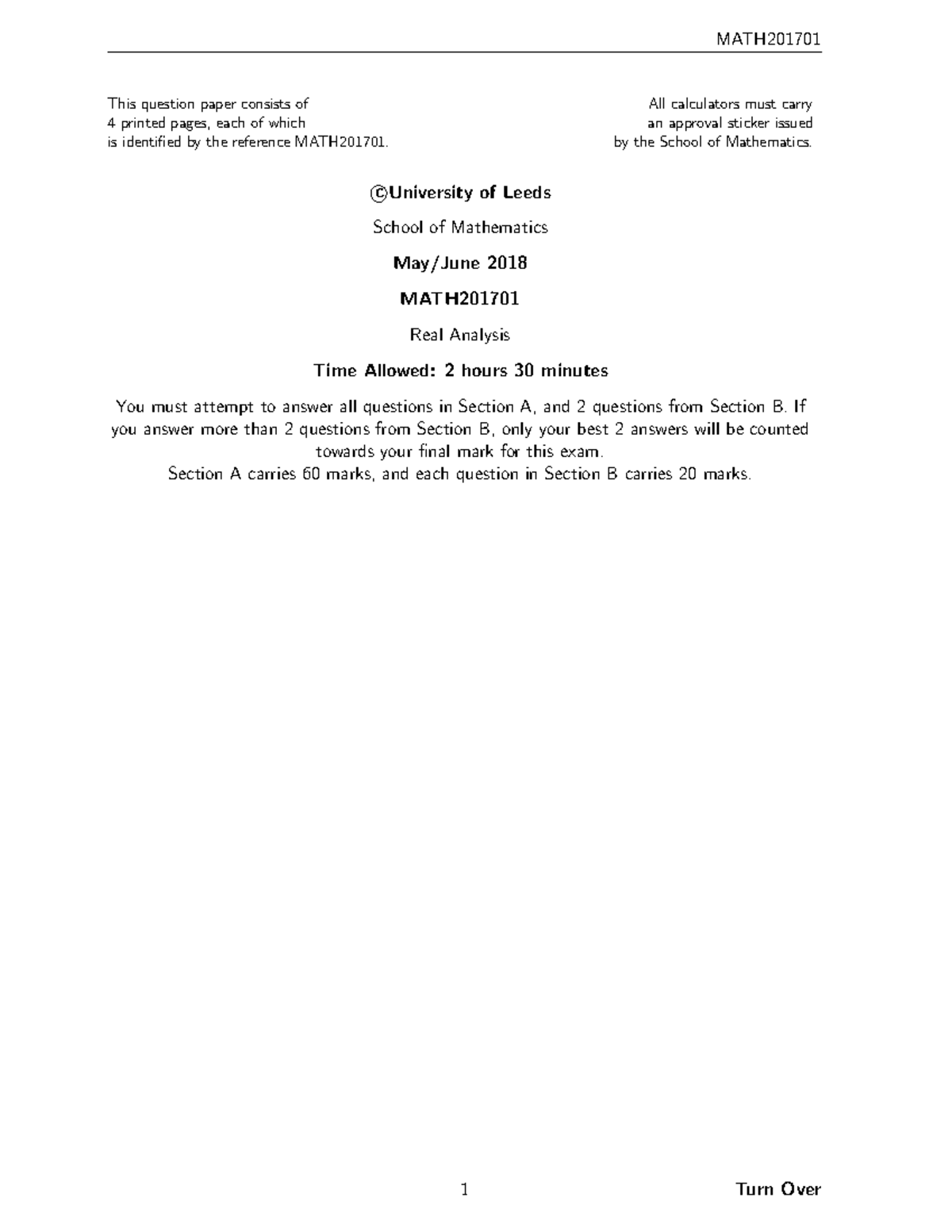 MATH201701 Real Analysis Past Exam Paper with Solutions - Studocu