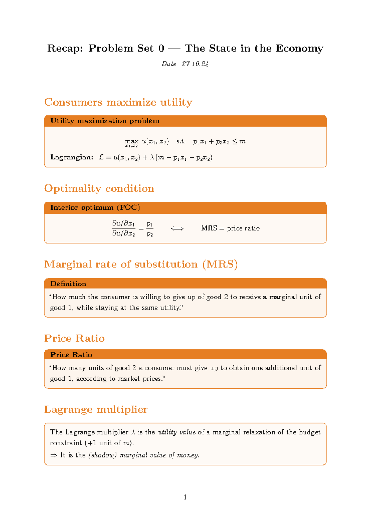 Recap: Problem Set 0 - Utility Maximization in Economics - Studocu