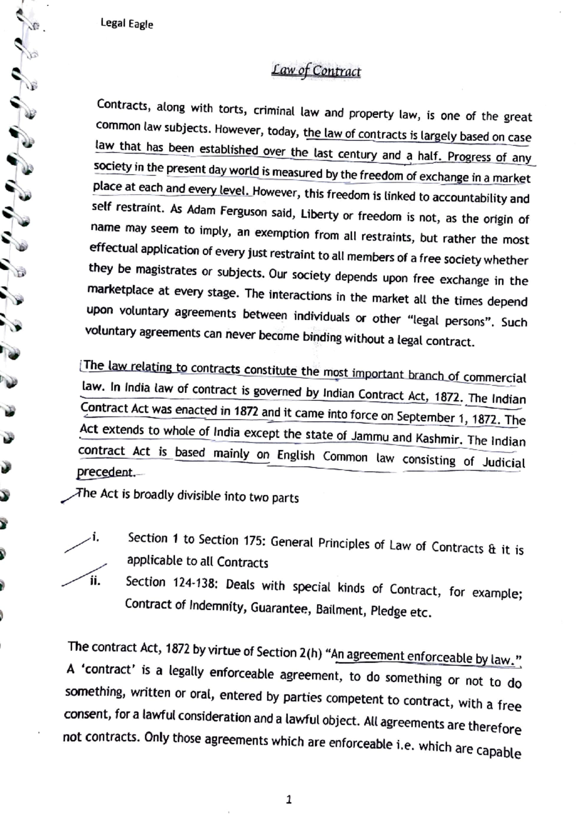 Law of Contract Lecture Notes: Key Concepts and Principles - Studocu
