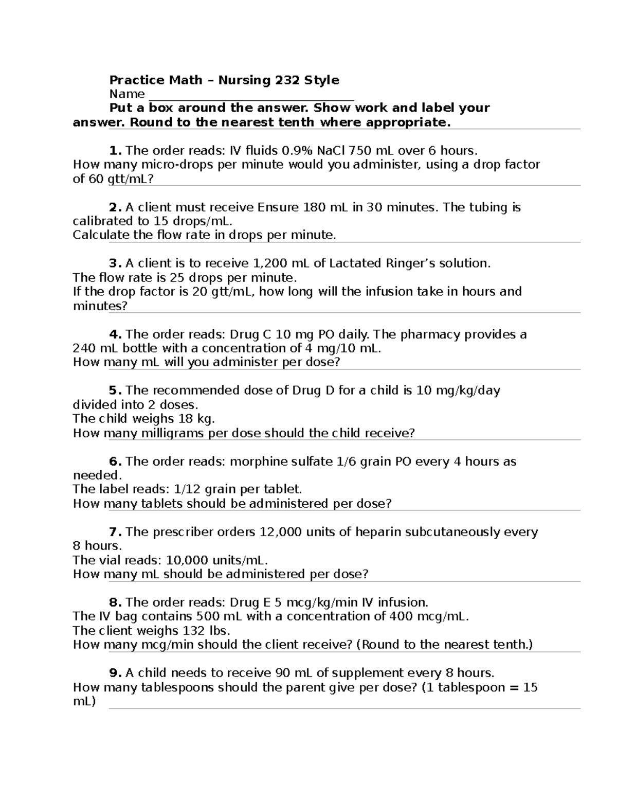 Practice Math Nursing 232: Dosage Calculations and Infusion Rates - Studocu