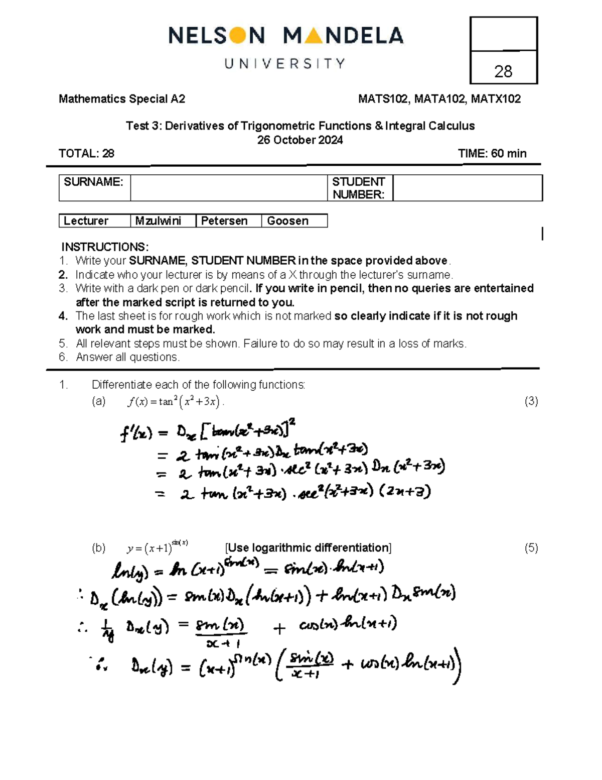 Mathematics Special A2 Test 3: Derivatives & Integrals MATS102 - Studocu