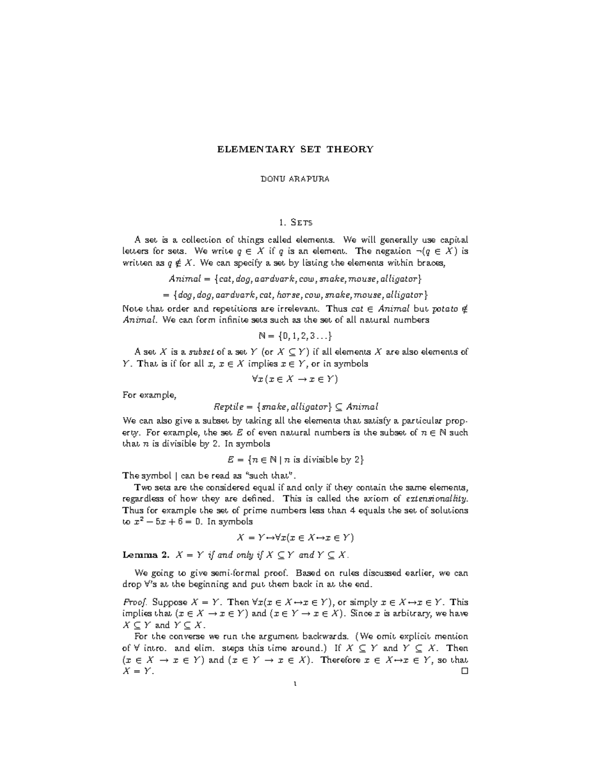 Set - Set theory - ELEMENTARY SET THEORY DONU ARAPURA Sets A set is a ...
