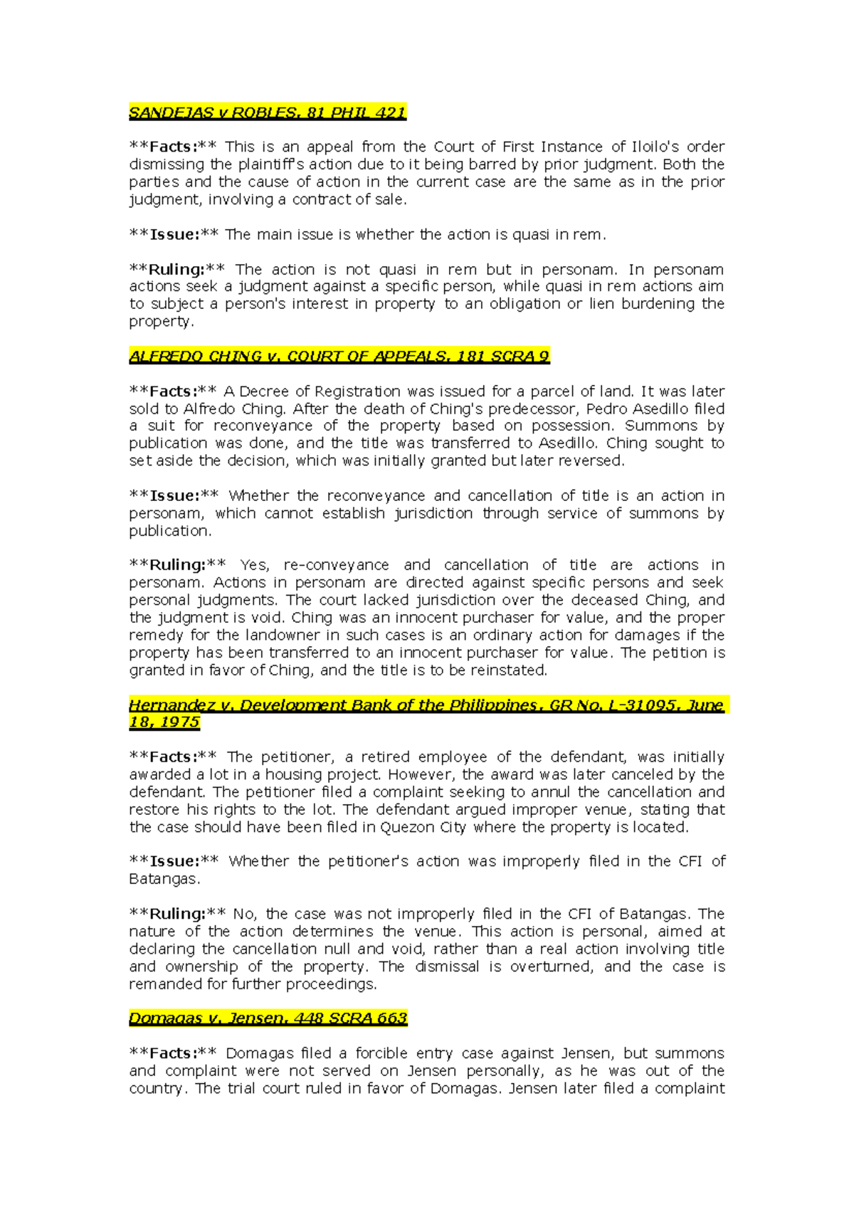 Digest of Property Cases Part 5 - Key Legal Issues & Rulings - Studocu