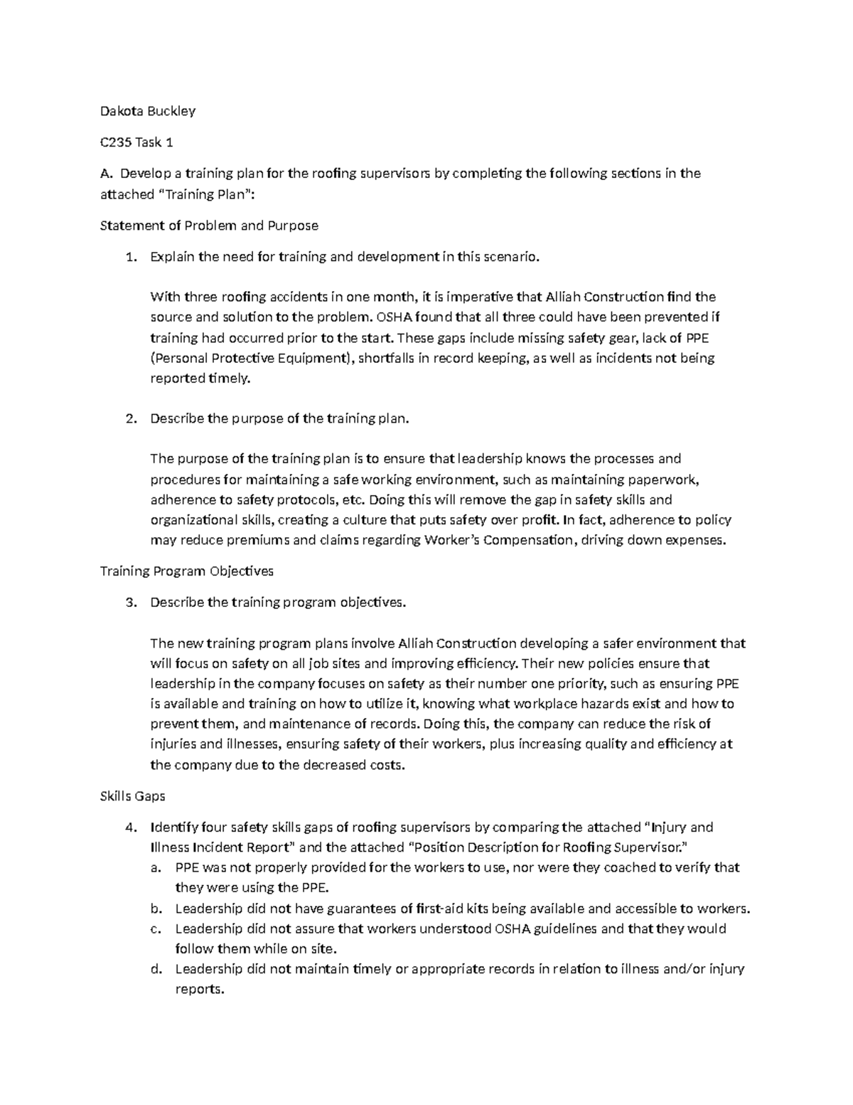 C235 Task 1: Training Plan for Roofing Supervisors' Safety Development ...