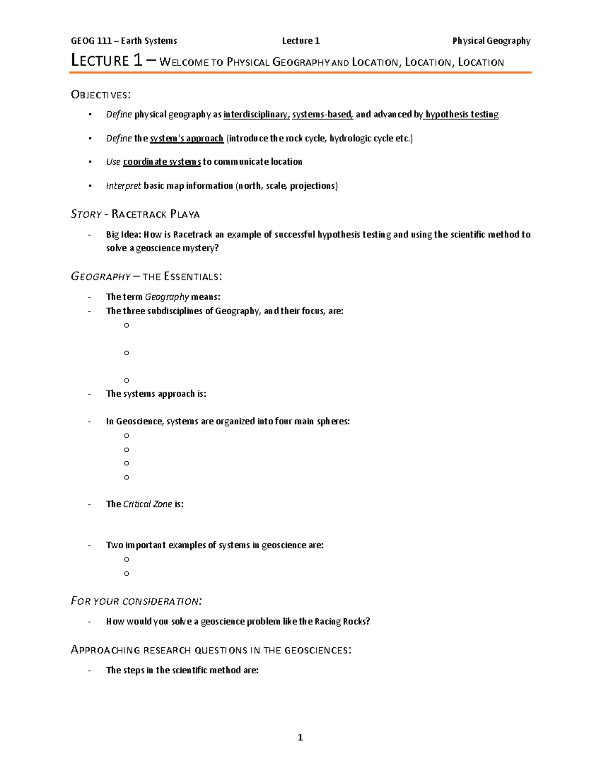 Lecture 1 Intro To Planet Earthand Location Student Notes - GEOG 111 ...