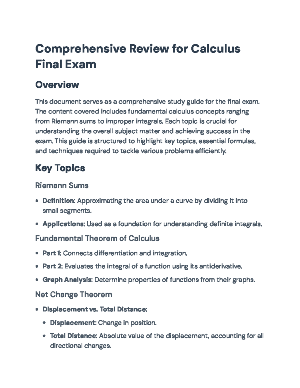 Final Exam Study Guide: Comprehensive Review for Calculus Concepts ...