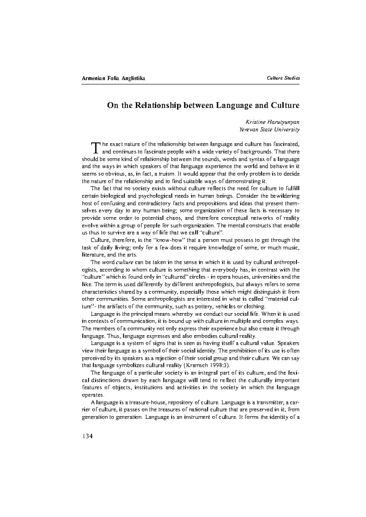 Armenian Folia Anglistika: Language-Culture Relationship Study - Studocu