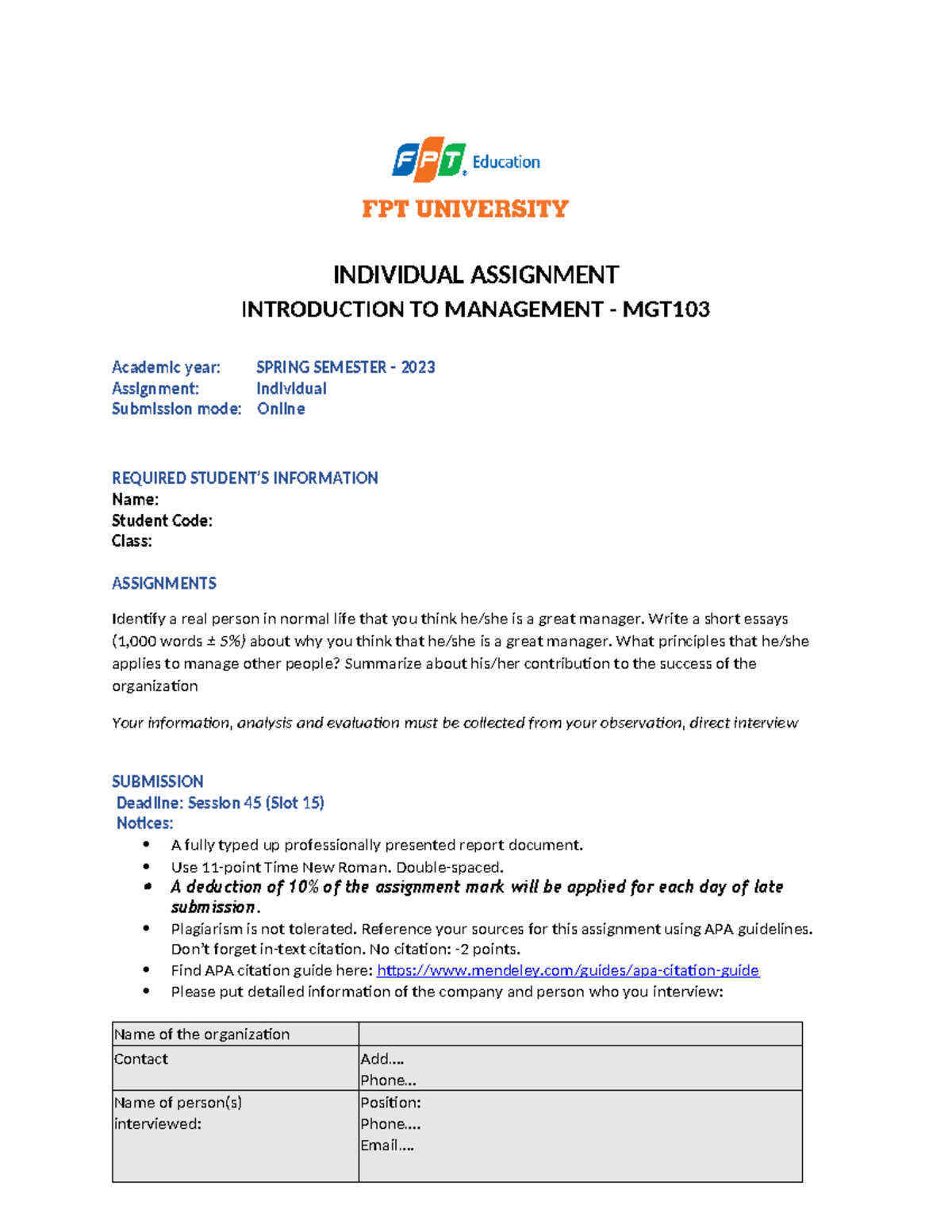 Individual Assignment - MGT103 - SP23 - INDIVIDUAL ASSIGNMENT ...