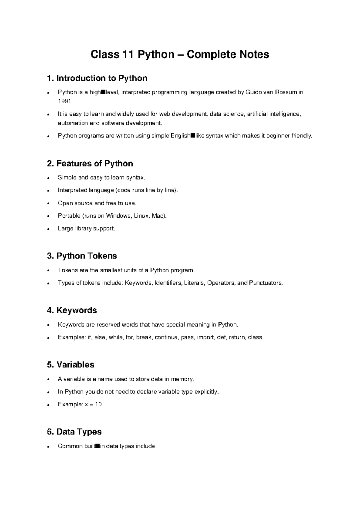 Class 11 Python Notes: Comprehensive Guide to Basics and Features - Studocu