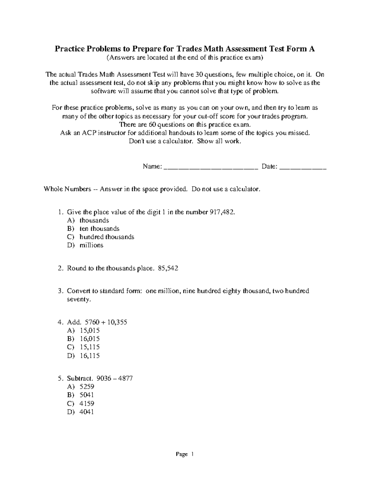 Practice Problems for Trades Math Assessment Test Form A - Studocu