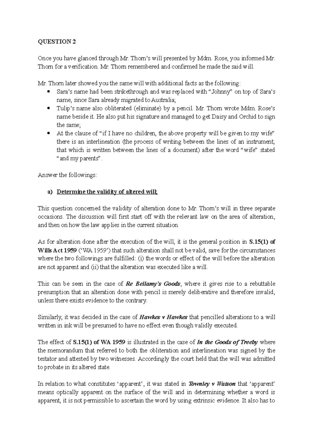 Tutorial 5: Validity of Alterations in Mr. Thorn's Will Analysis - Studocu