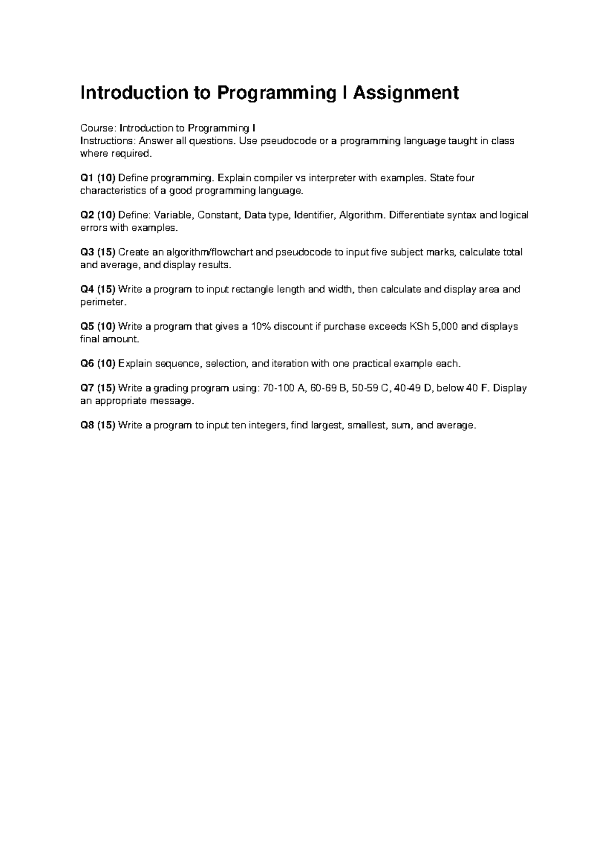 Introduction to Programming I Assignment: Key Concepts & Exercises ...