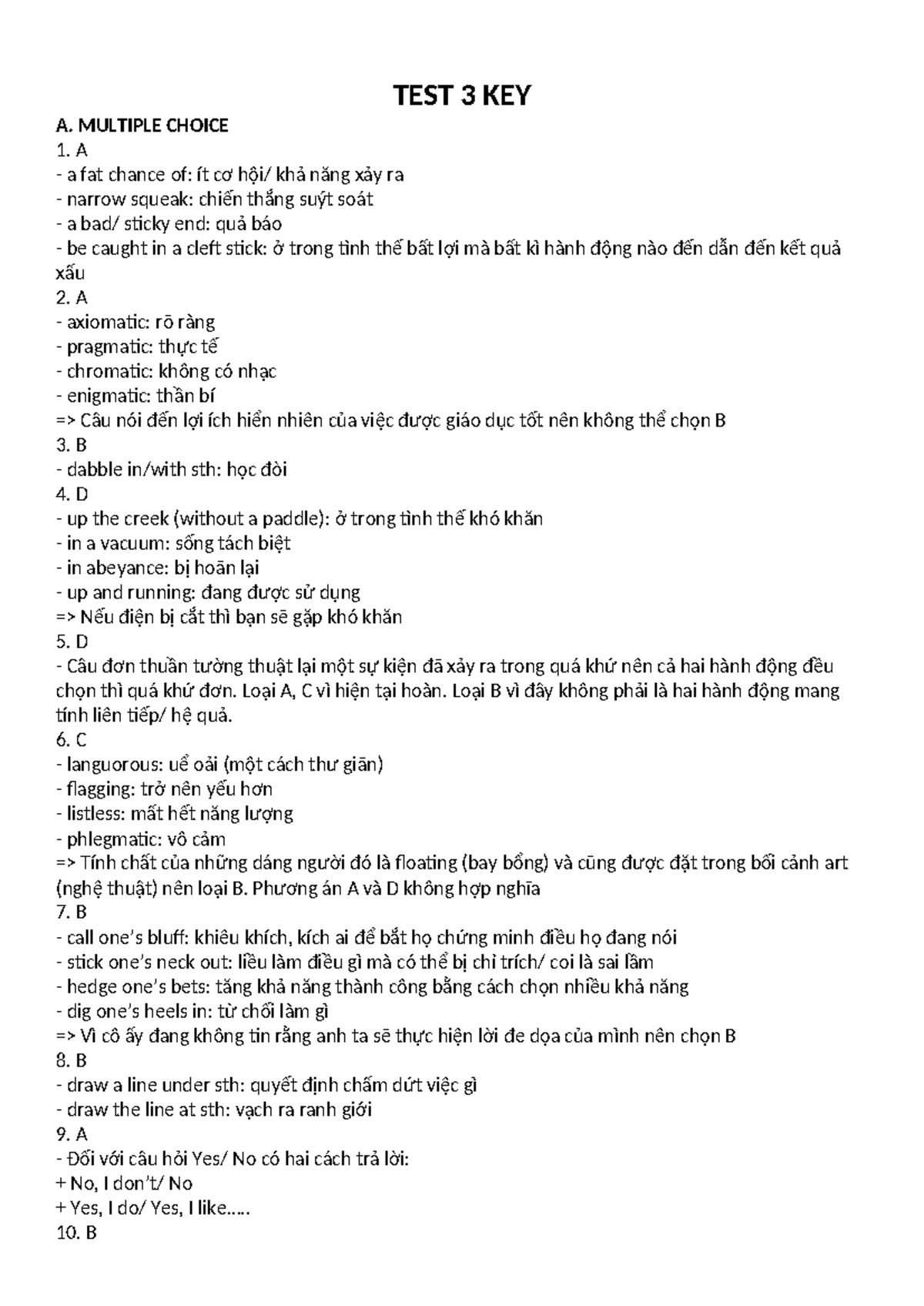 TEST 3 - 6 KEY: Comprehensive Answer Guide for Multiple Choice ...