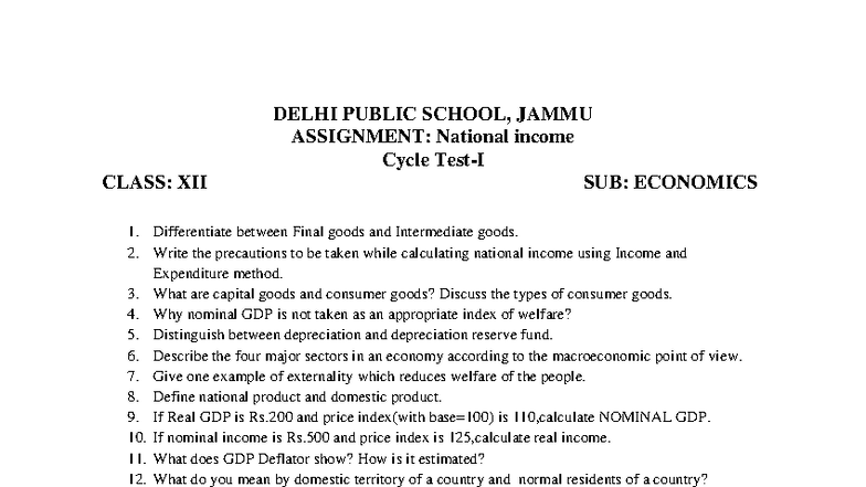 National Income Assignment - Class XII Economics - Studocu