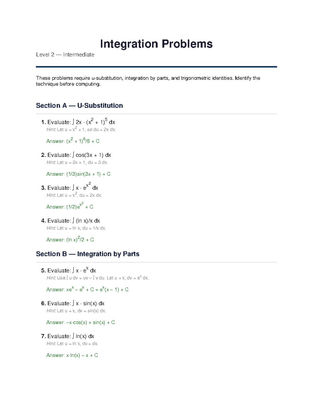 Integration Problems Level 2: Intermediate Techniques and Solutions ...