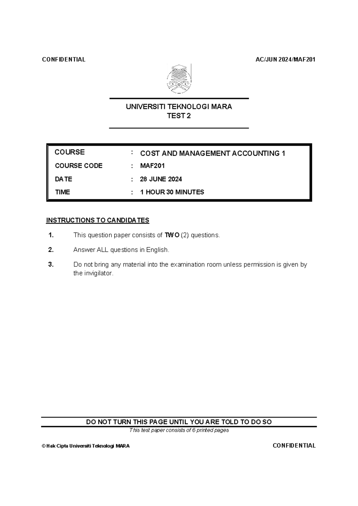 MAF201 Test 2 - Cost and Management Accounting - June 2024 Exam - Studocu