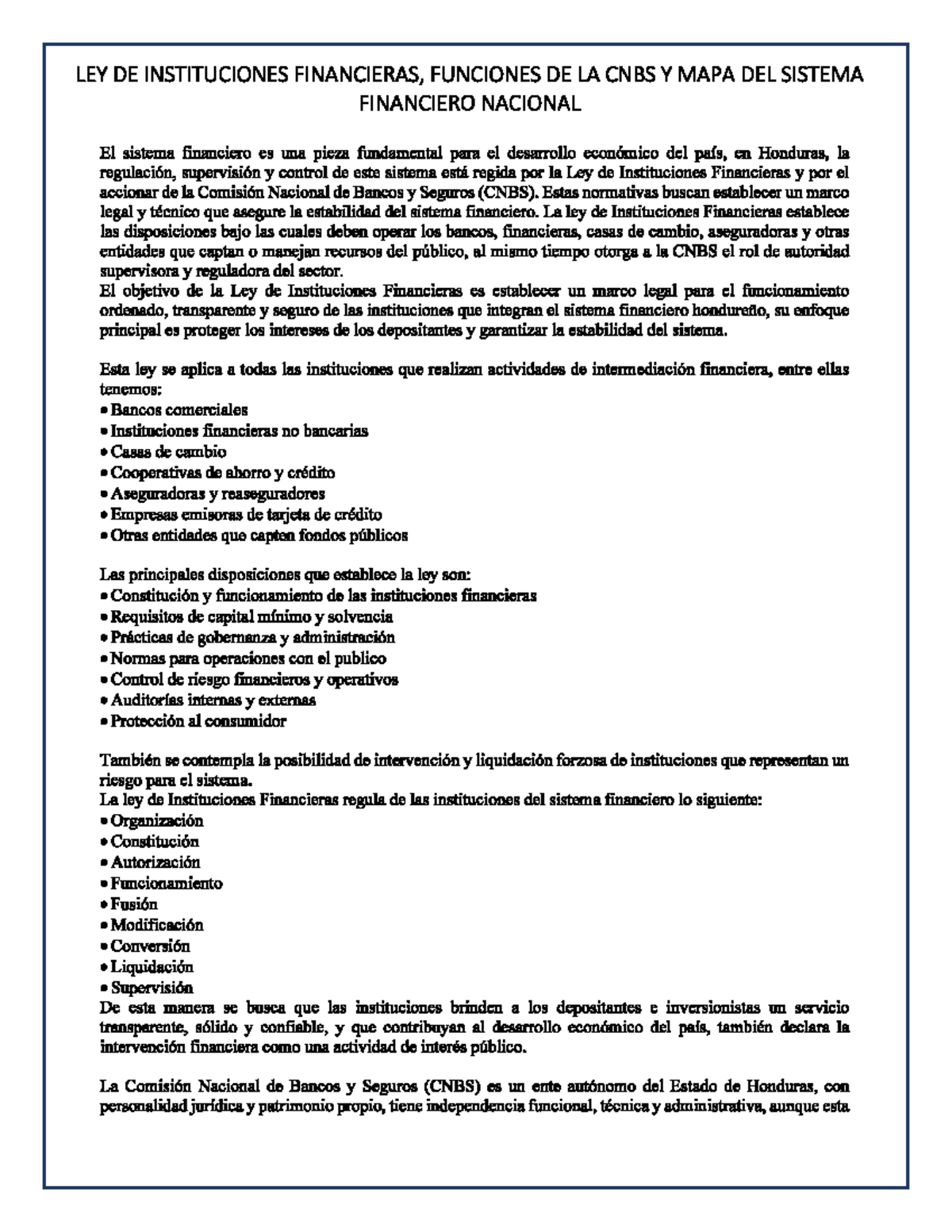 Resumen de la Ley de Instituciones Financieras en Honduras - Studocu