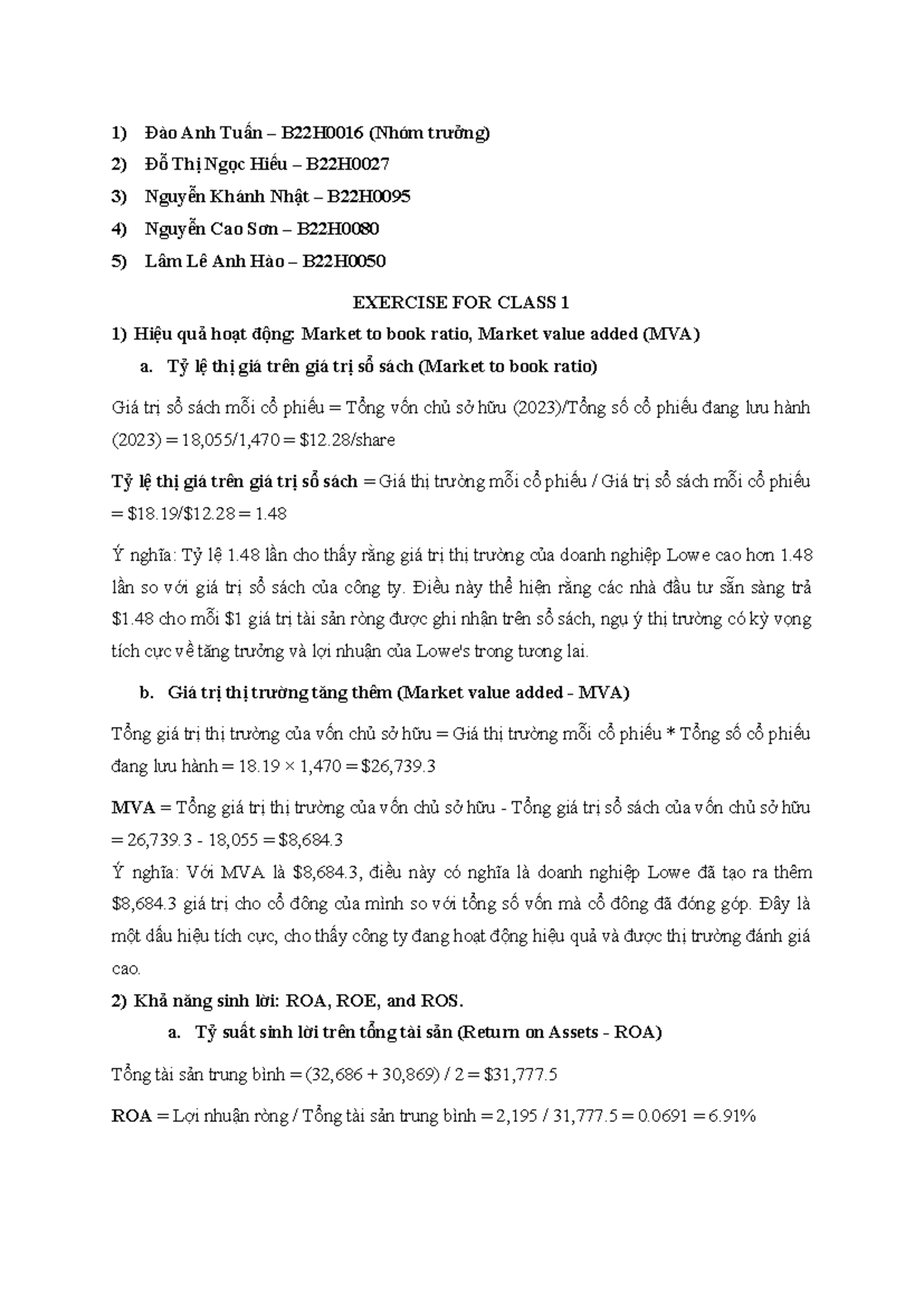 Exercise for Class 1 - Financial Analysis and Performance Metrics - Studocu
