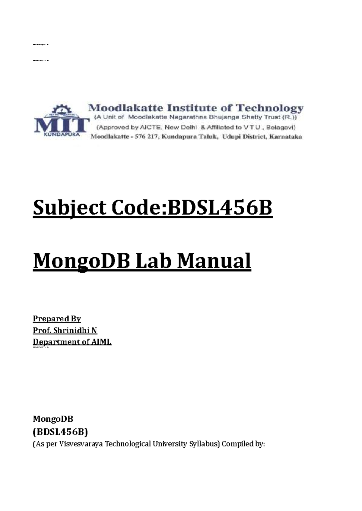 MongoDB Lab Manual (BDSL456B) - Comprehensive Guide for Students - Studocu