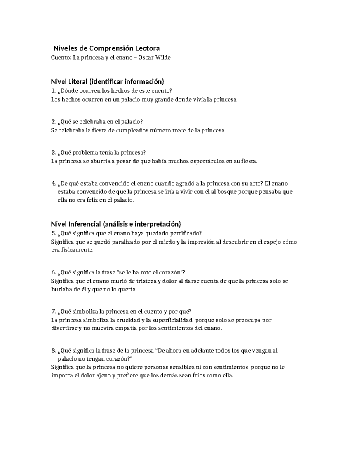 Niveles de Comprensión Lectora: La Princesa y el Enano (Cuento) - Studocu