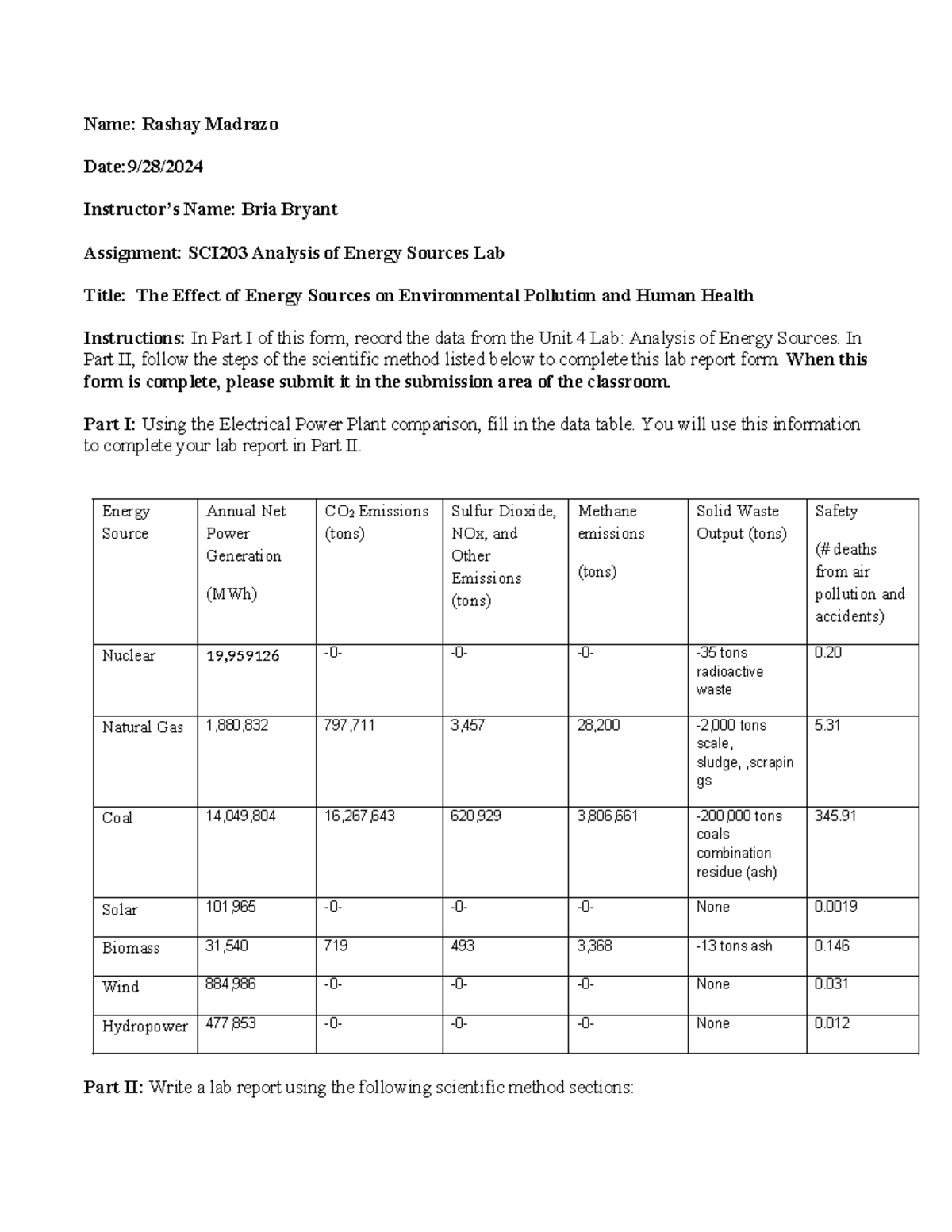 SCI203 Unit 4 Lab Report: Analyzing Energy Sources' Impact on Health ...