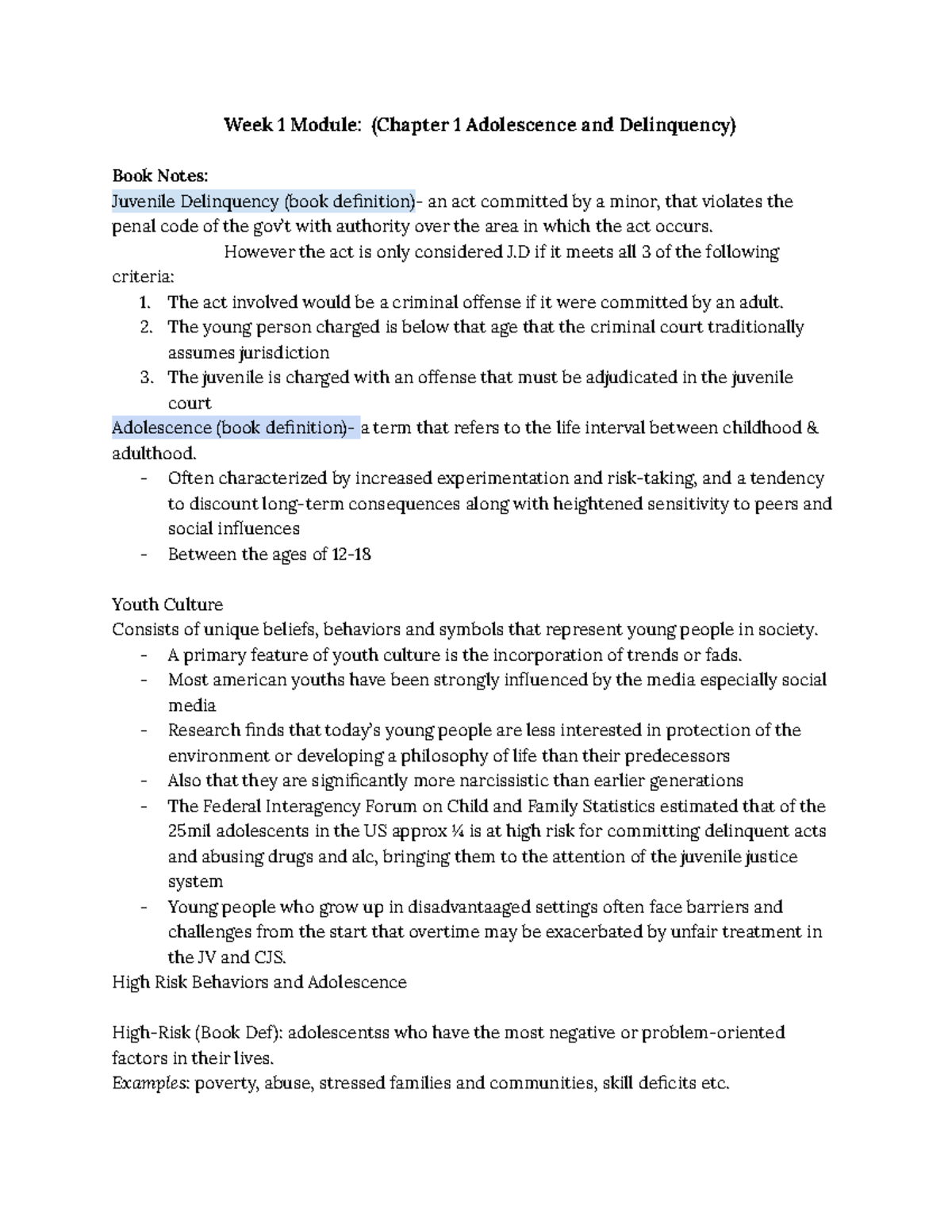 **CRJ 201: Juvenile Delinquency Chapter 1 & 2 Lecture Notes** - Studocu