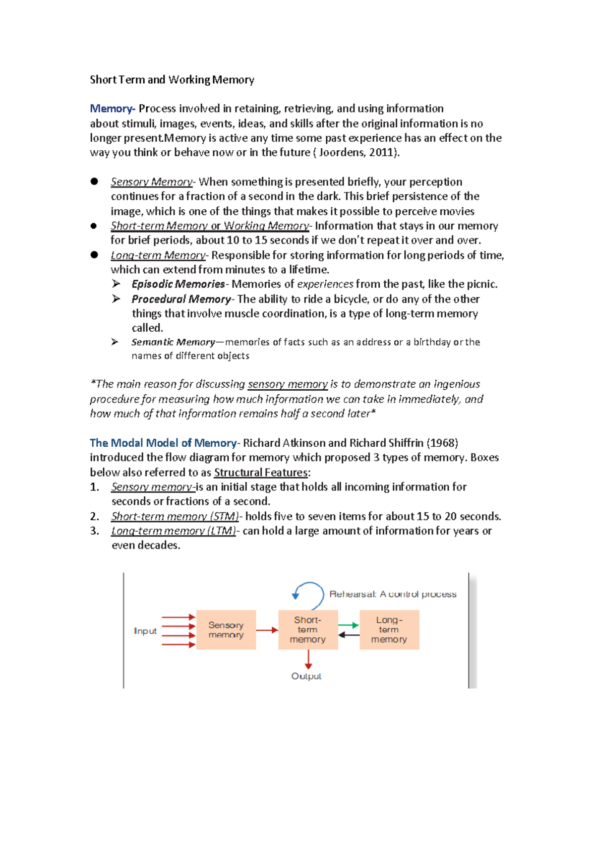 Cognitive Psych Chap 5 - Short Term and Working Memory Memory- Process ...