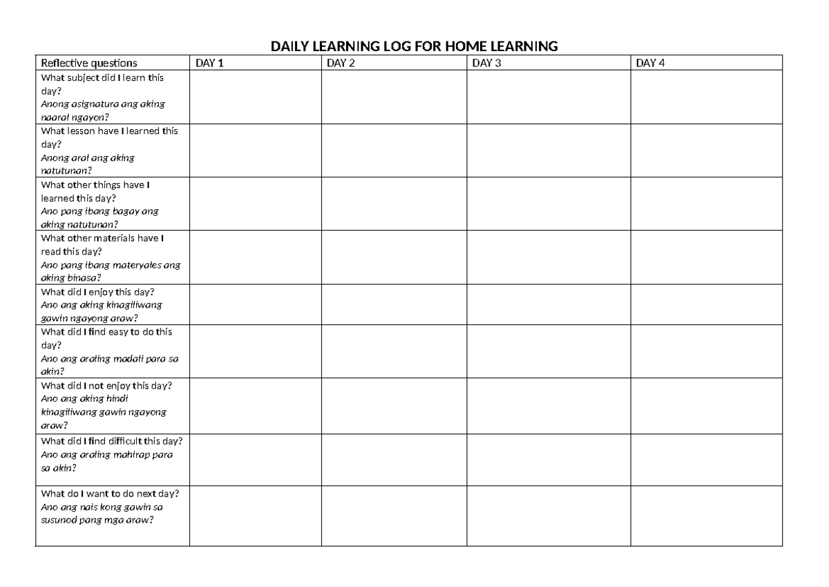 Daily Learning Log for Home Learning (A4) - Studocu