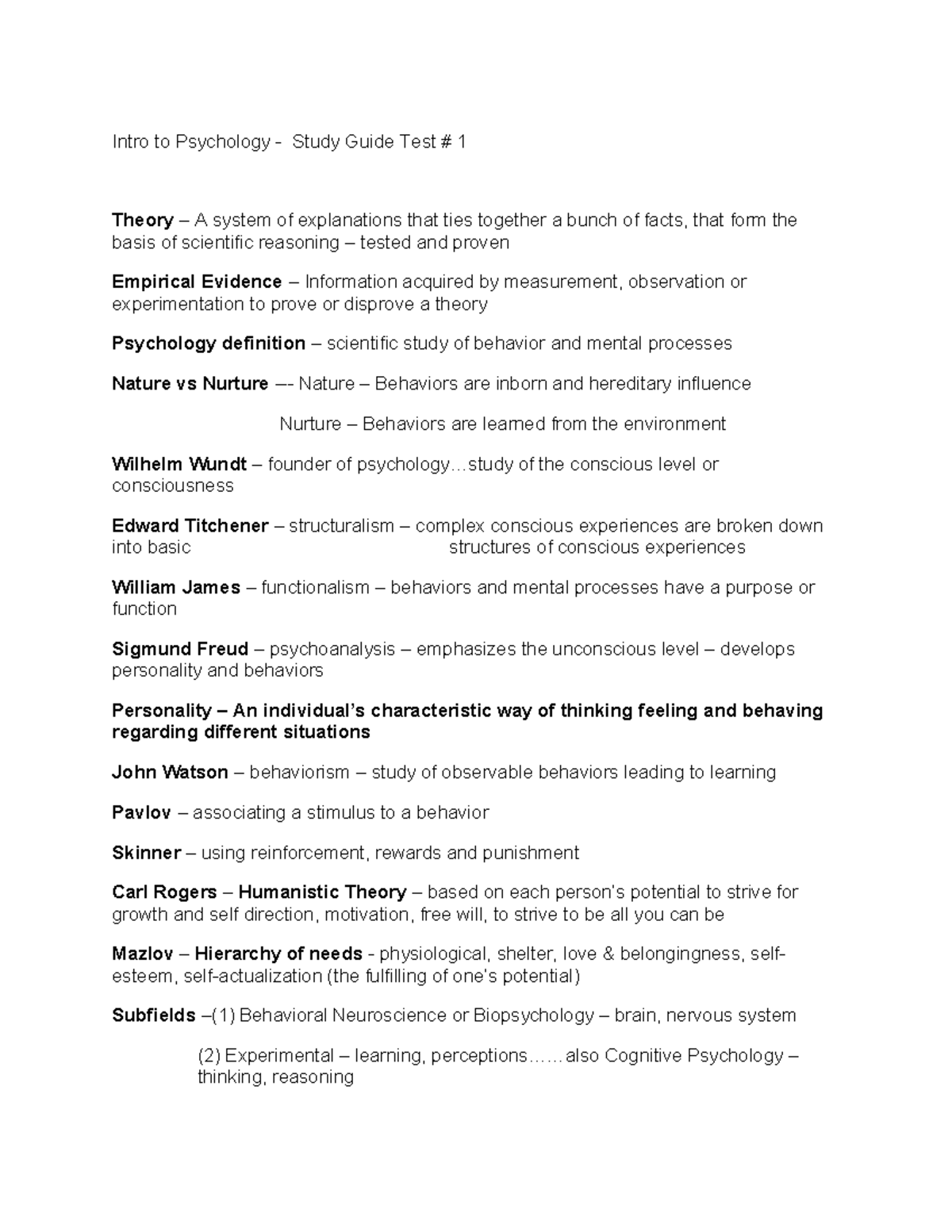 Intro to Psychology - Study Guide for Test #1 - Studocu