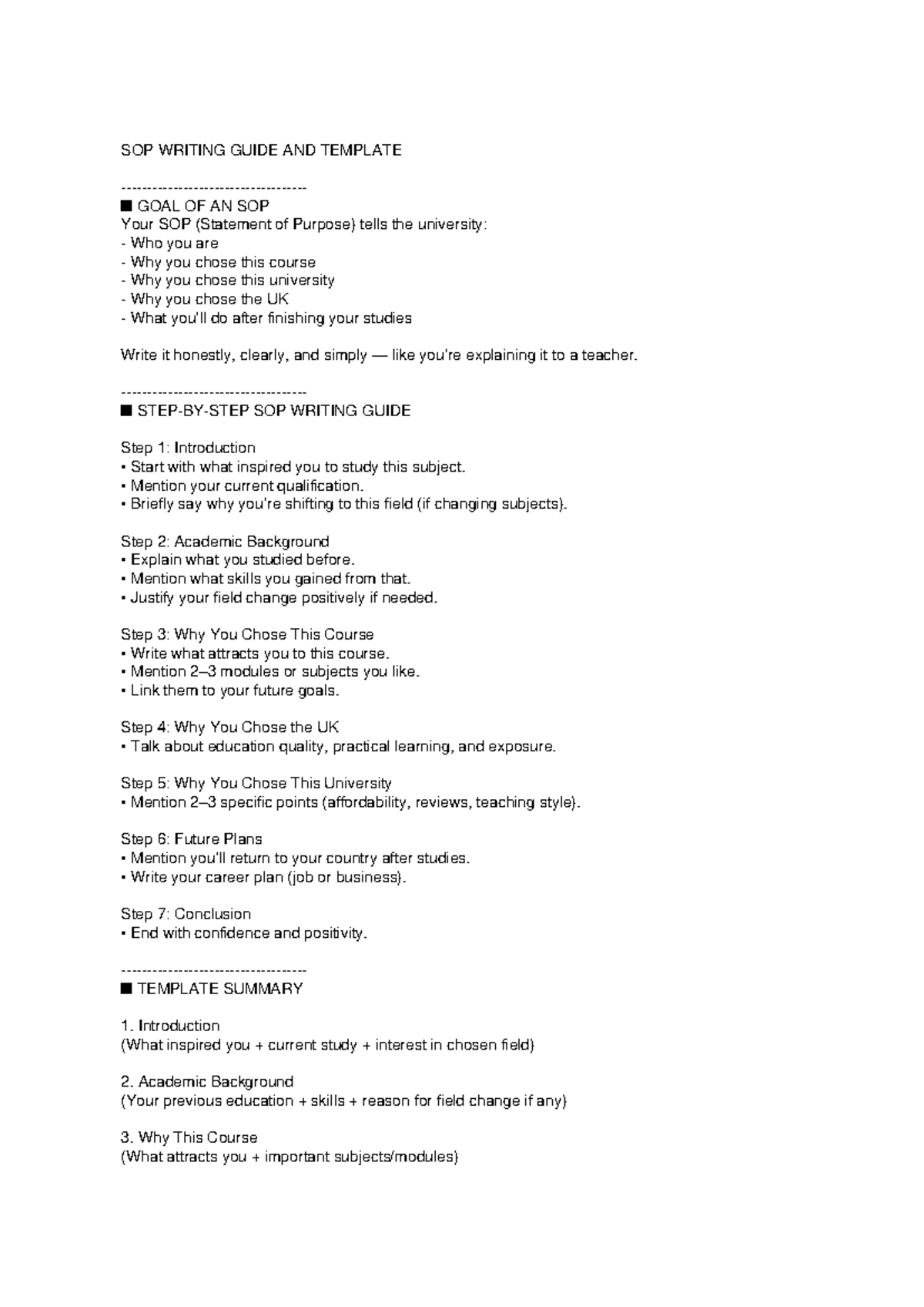 SOP Writing Guide & Template for University Applications - Studocu