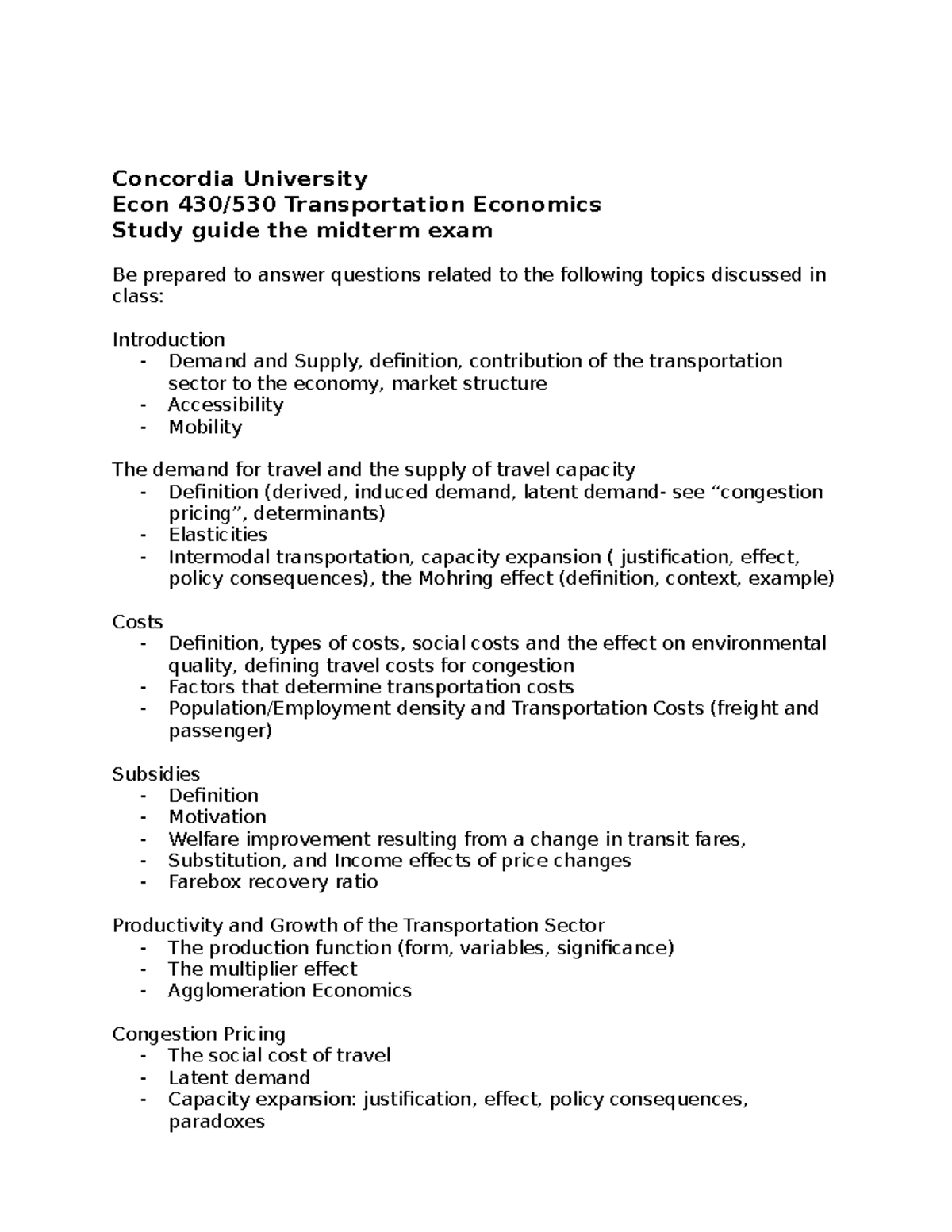 Econ 430/530 Midterm Exam Study Notes on Transportation Economics - Studocu