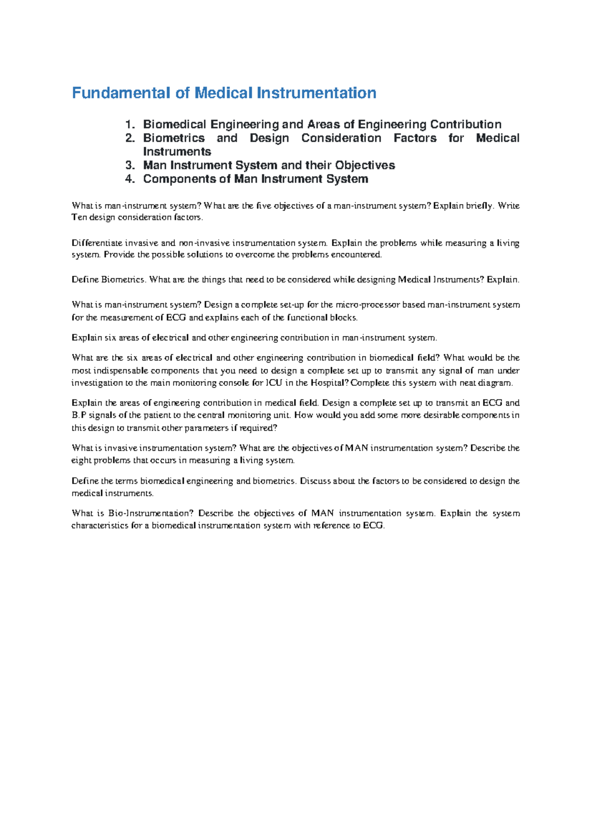 Chapterwise Questions for Biomedical Engineering (BME 101) - Studocu