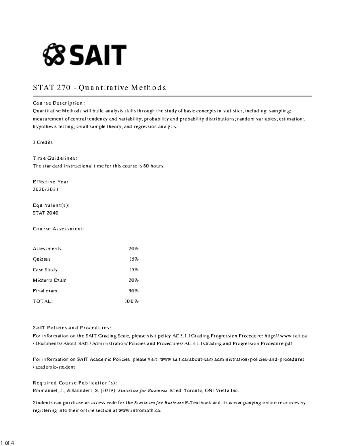 STAT 270 - Course Outline: Quantitative Methods Overview and Assessment ...