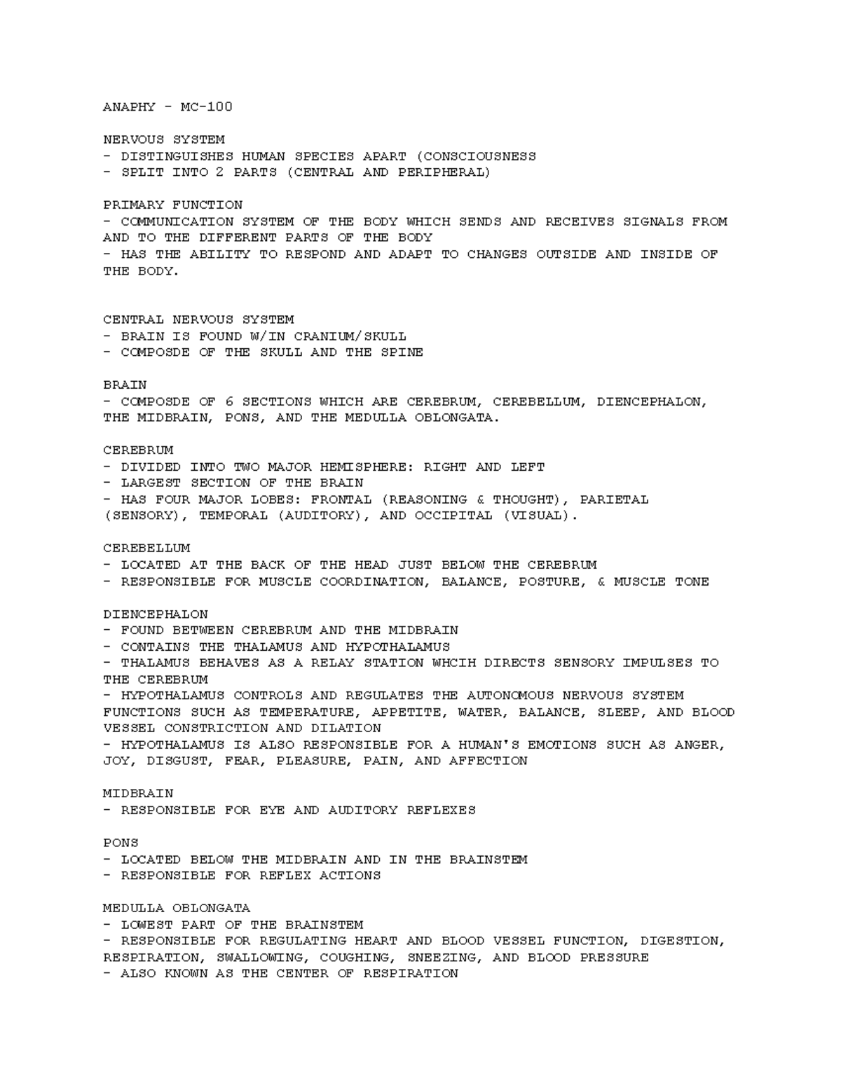 Anaphy-MC-100 - Anatomy and Physiology - Nervous System Notes - ANAPHY ...