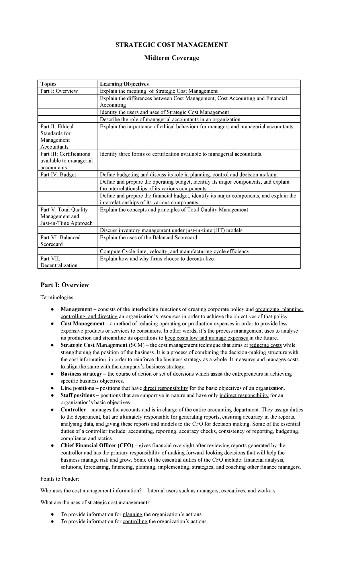 Strategic Cost Management (SCM) Midterm Study Guide Overview - Studocu