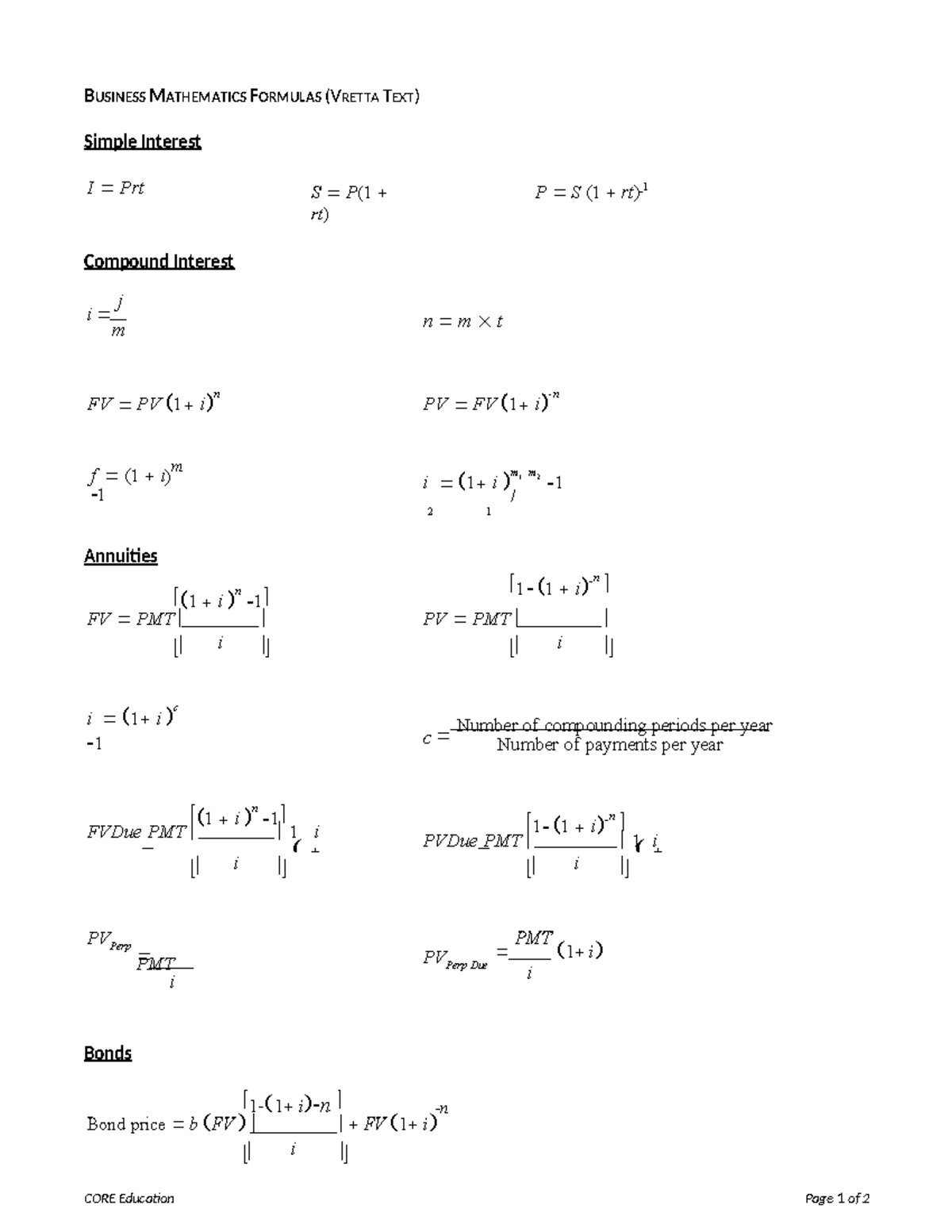 VRETTA Business Math Formulas Overview and Key Equations - Studocu
