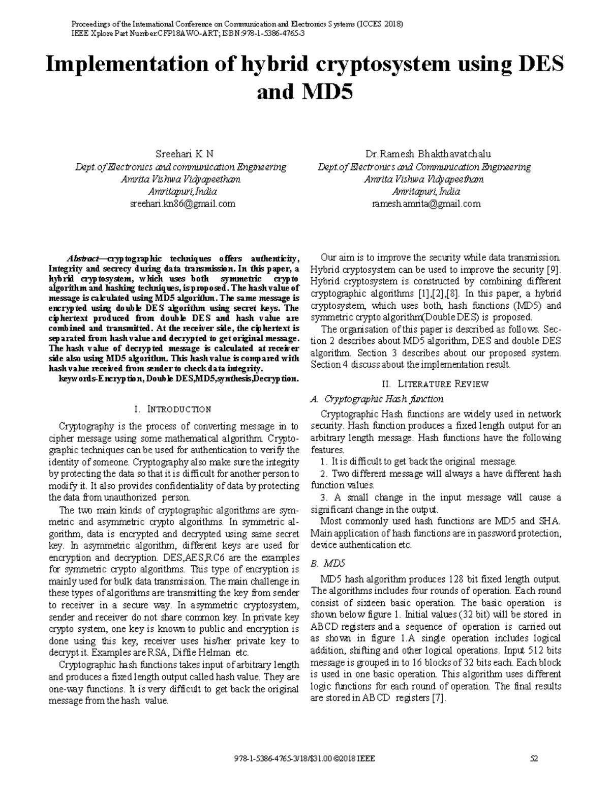 Implementation of Hybrid Cryptosystem Using DES & MD5 (ICCES 2018 ...