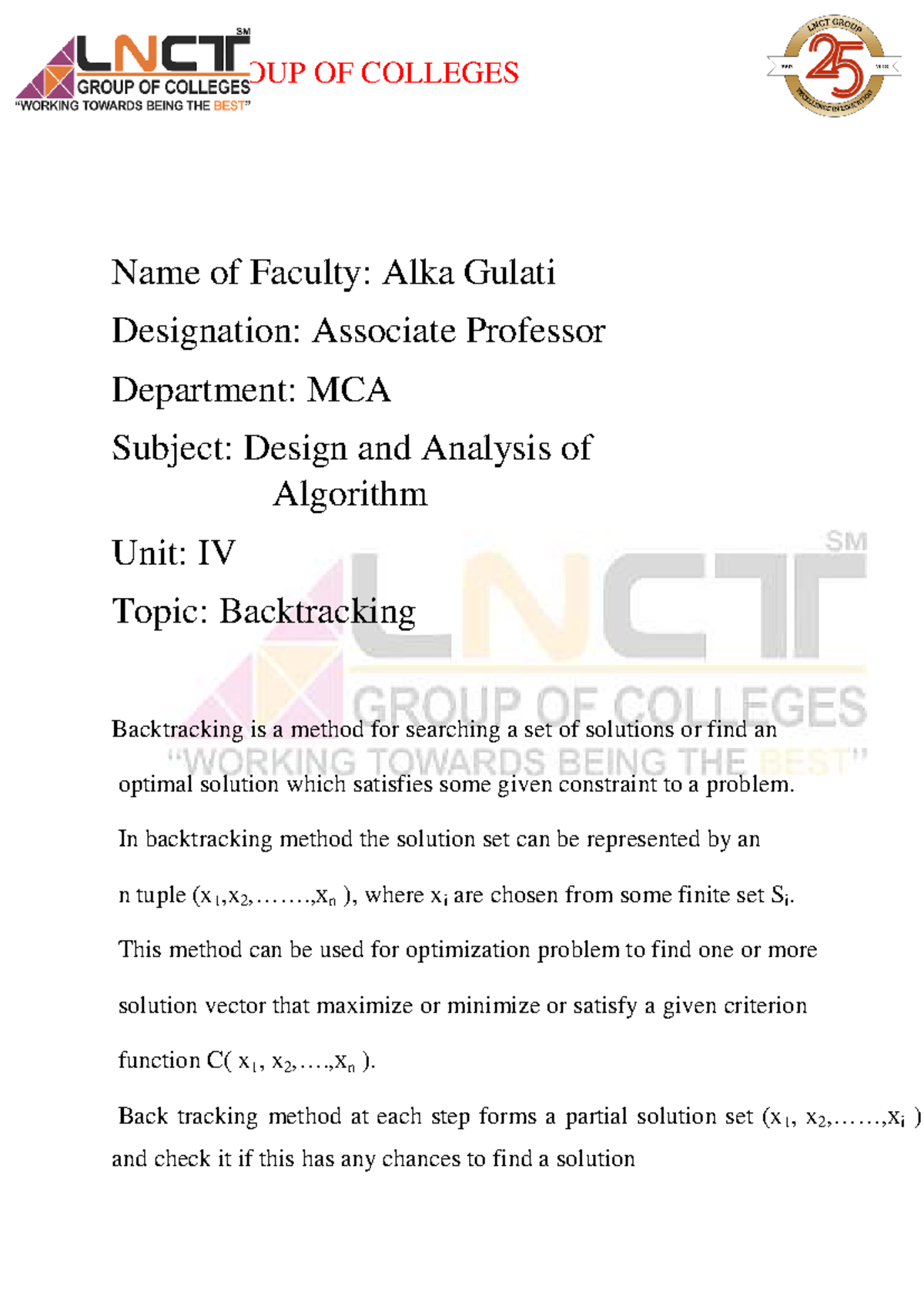 Backtracking in Algorithms: Unit IV Overview (MCA) - Studocu
