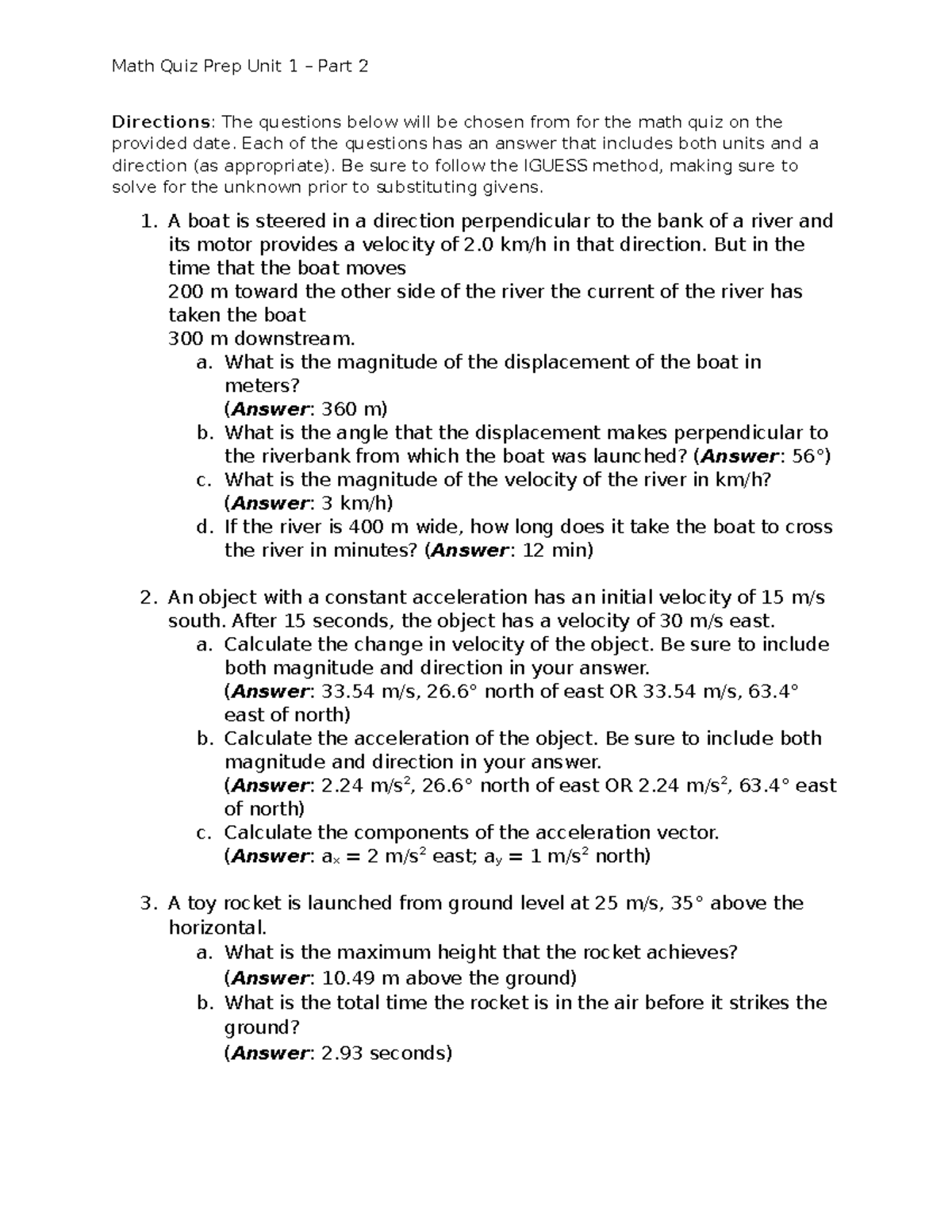 Math Quiz Prep TBD: Unit 1 Review Questions & Solutions - Studocu