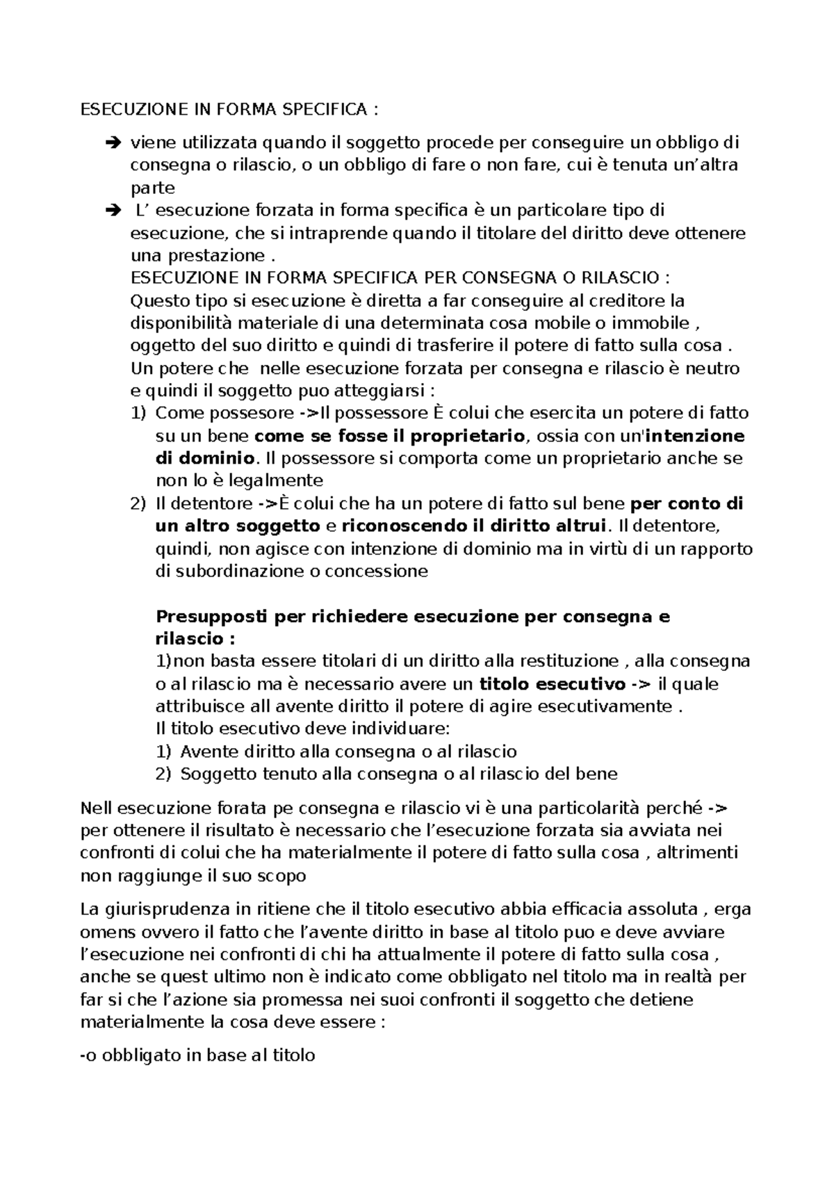 Esecuzione in Forma Specifica: Obblighi di Consegna e Rilascio - Studocu