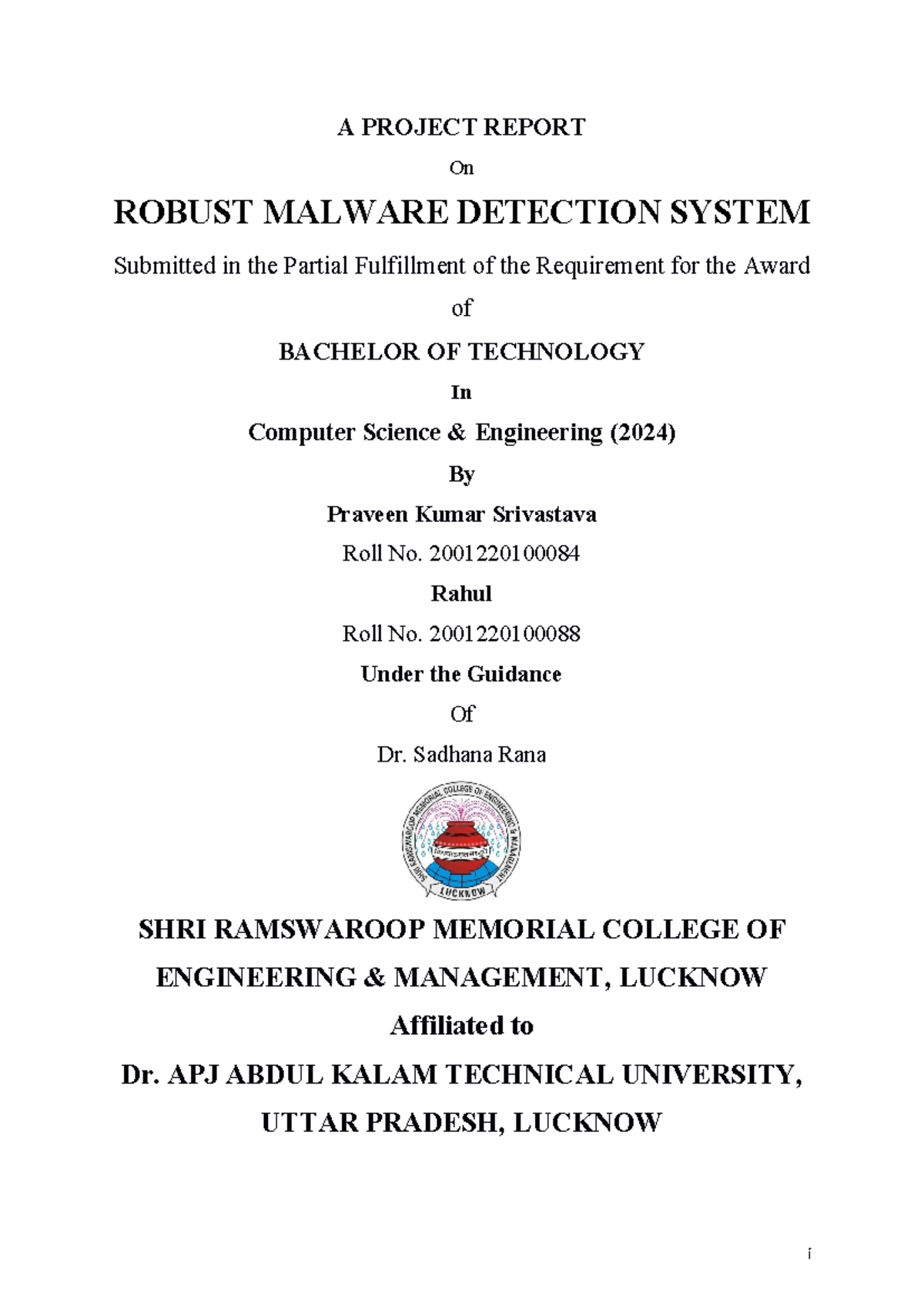 Robust Malware Detection System Report - CSE 2024 - SRMCEM - Studocu