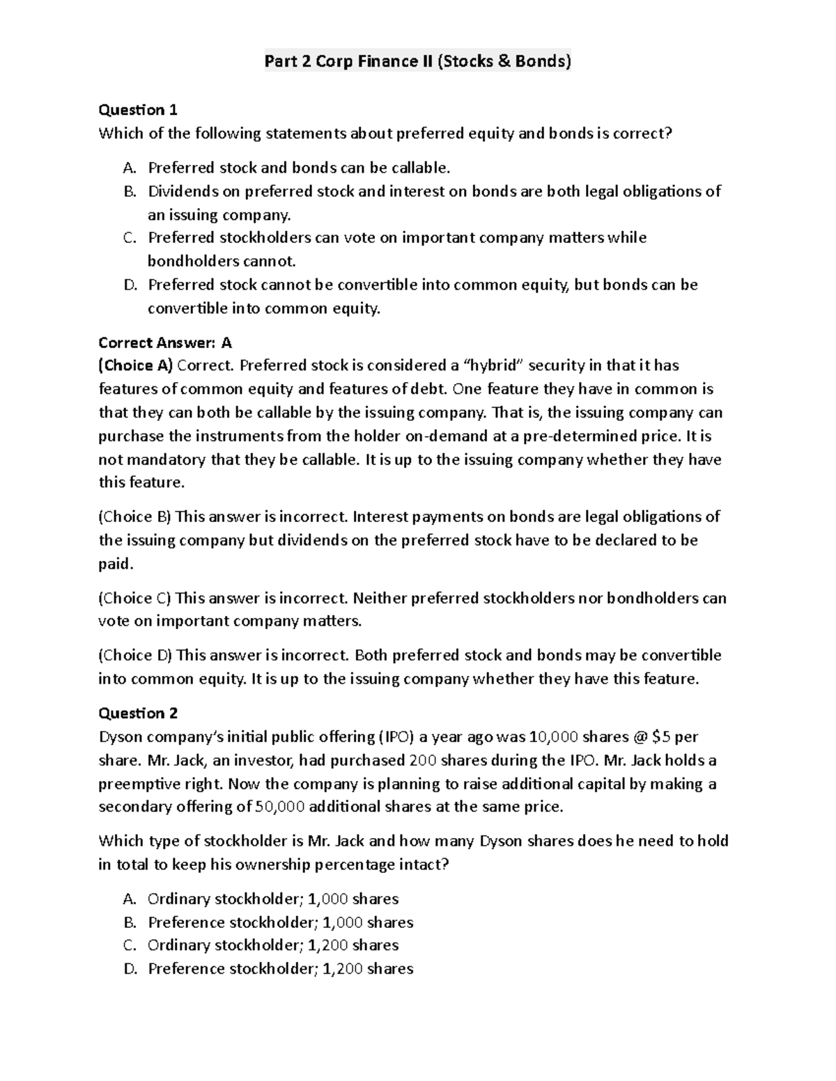 Corporate Finance II - Stocks & Bonds Solutions (Midterm) - Studocu