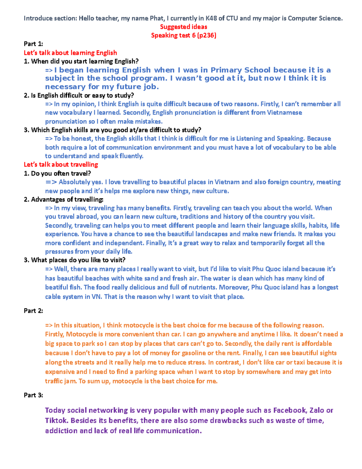 General English - Speaking - Introduce section: Hello teacher, my name ...