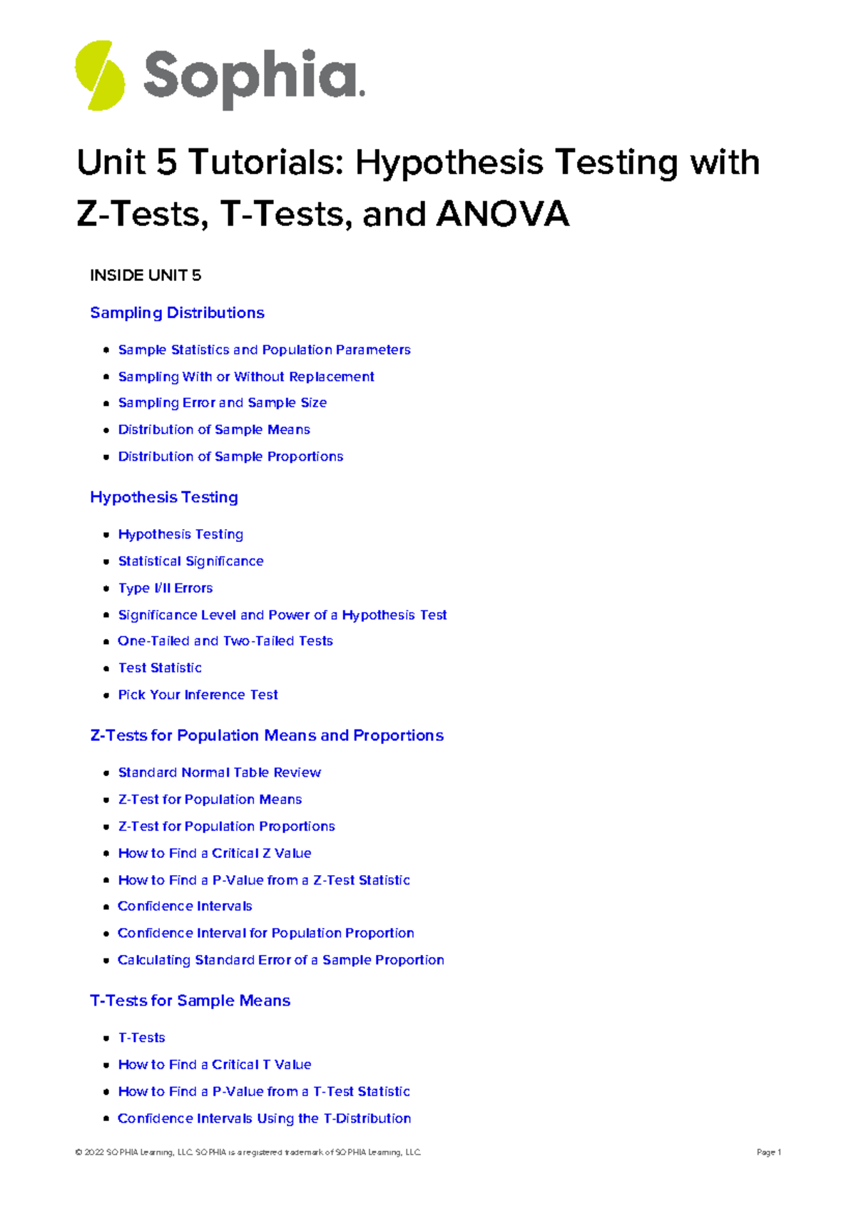 Sophia Stat Unit 5: Hypothesis Testing with Z-tests, T-tests & ANOVA ...